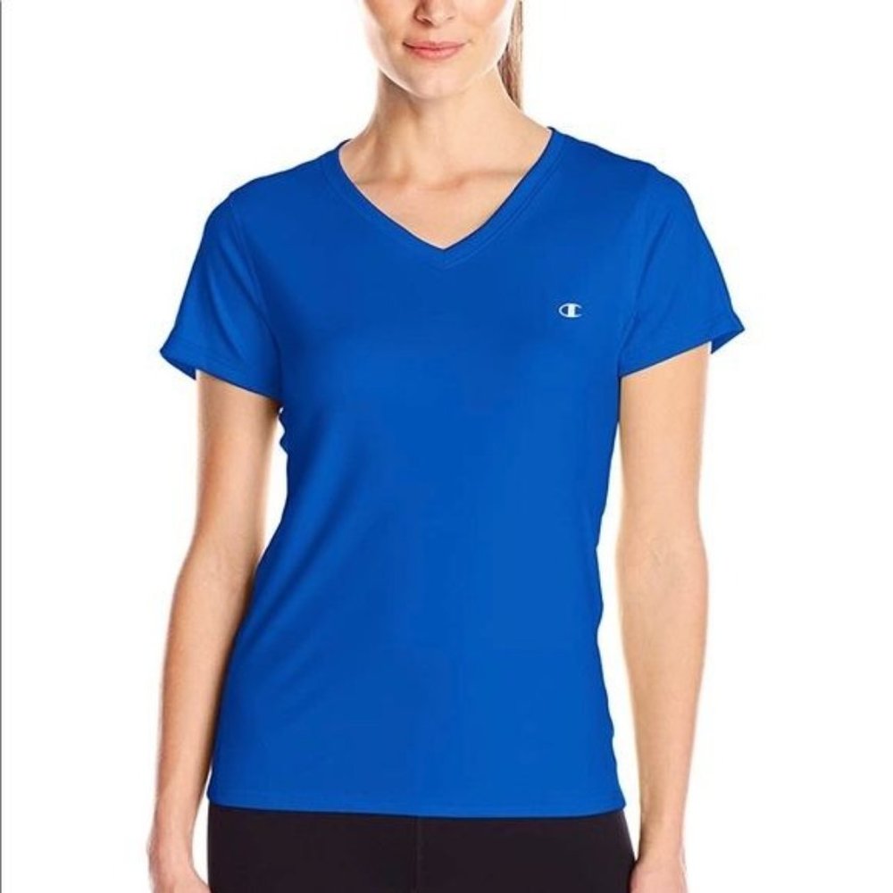 Champion Womens Performance V Neck T-Shirt Short Sleeve Pullover Blue Size Small